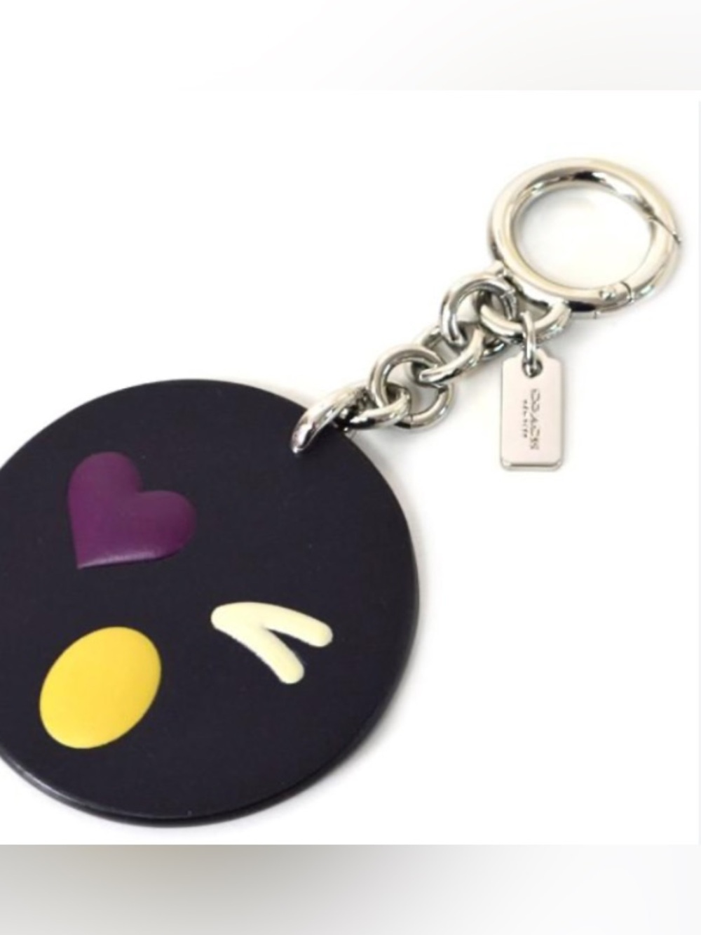 Coach Black Leather Winking Emoji Bag Charm/Keychain with Purple Heart Eye